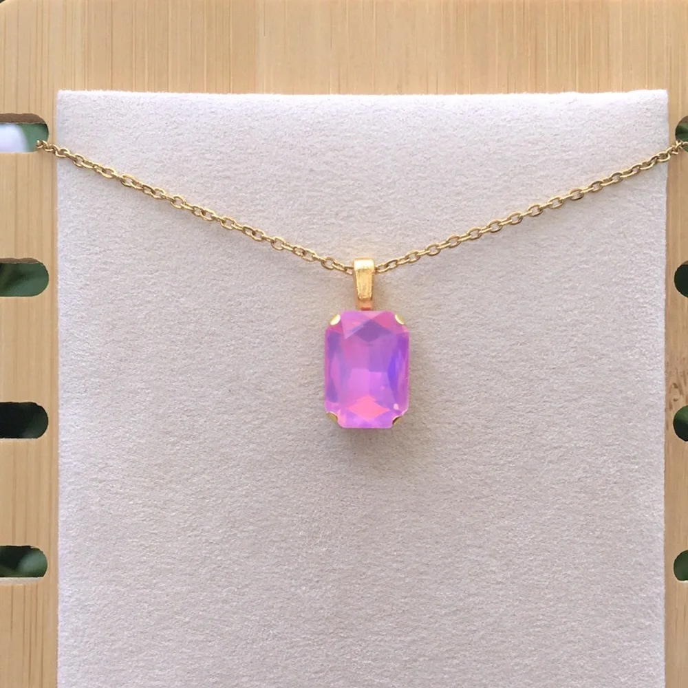 Pink-Purple Opal Aurora Borealis + Gold Emerald Cut Crystal Pendant Necklace - Picture 14 of 14